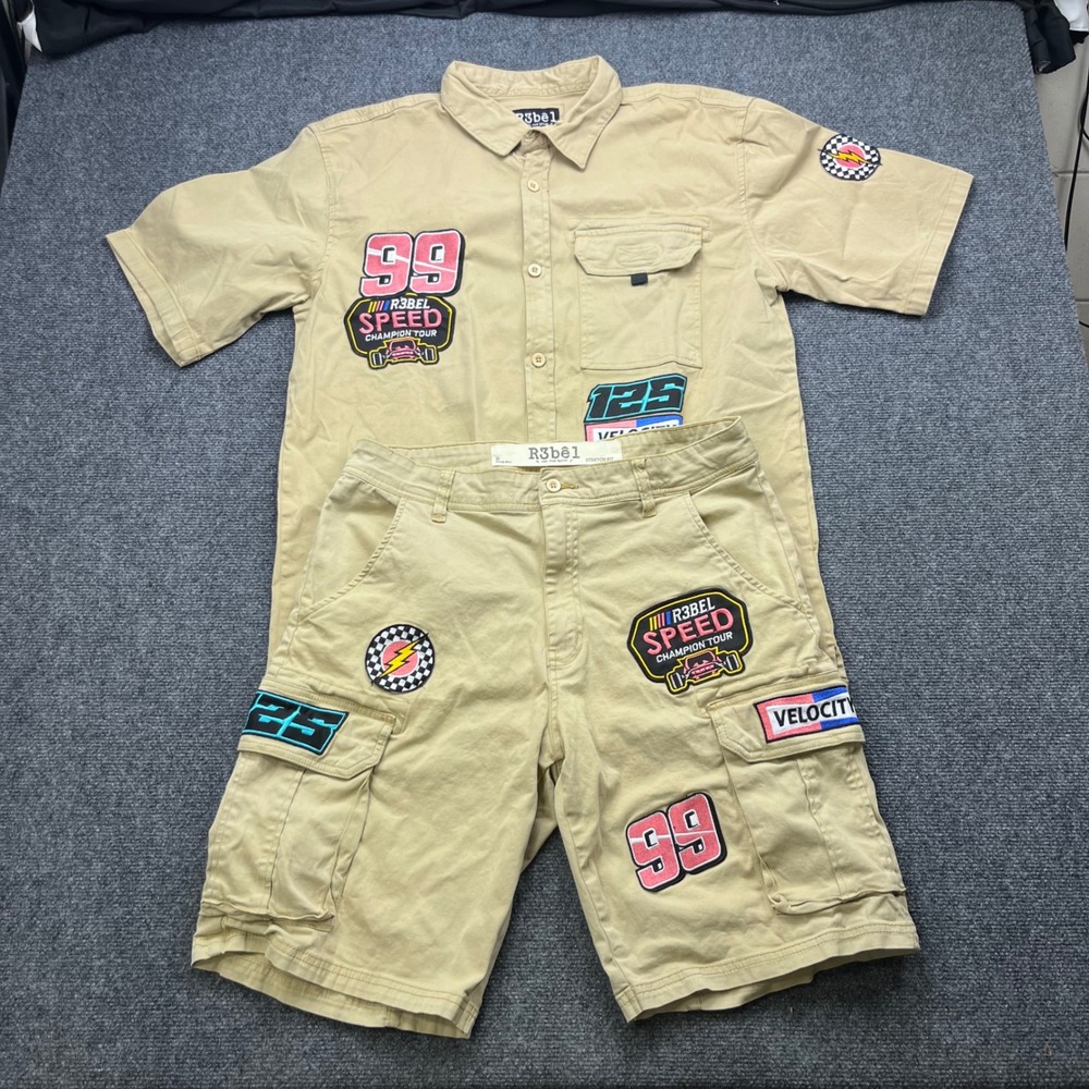 R3bel Racing Nascarcore Motocore Tan Patchwork‎ Button Up and Cargo Shorts Set